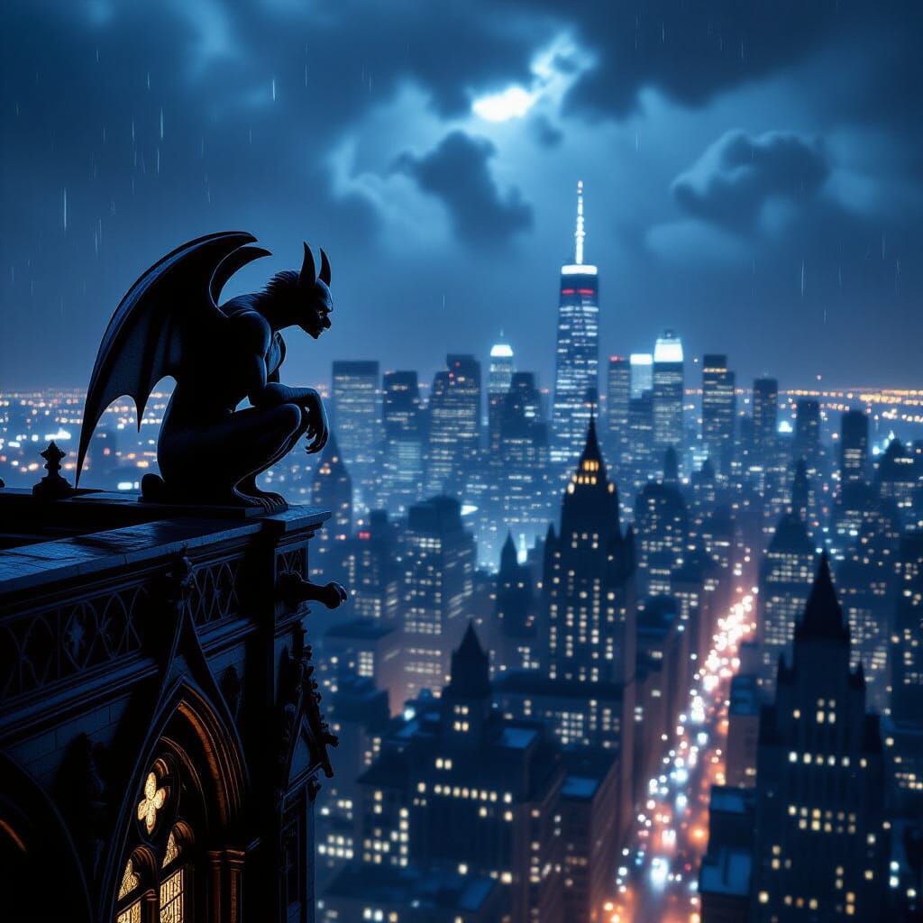 Gotham City Nightscape Under Stormy Skies