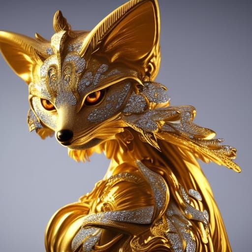 Gold Kitsune Figurine with Diamonds, Detailed Metalwork
