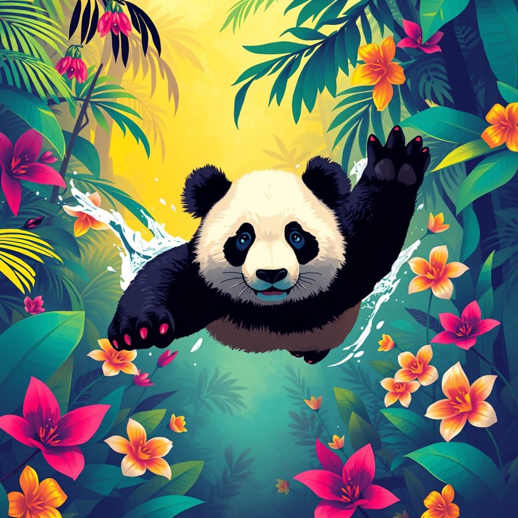 Vibrant Panda in Lush Rainforest Scene