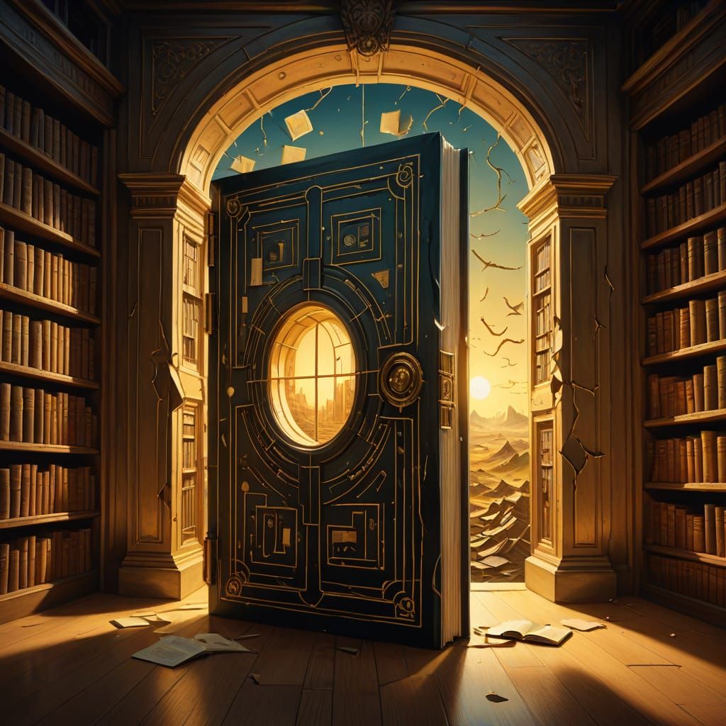 Surreal Library Door in Floating Book