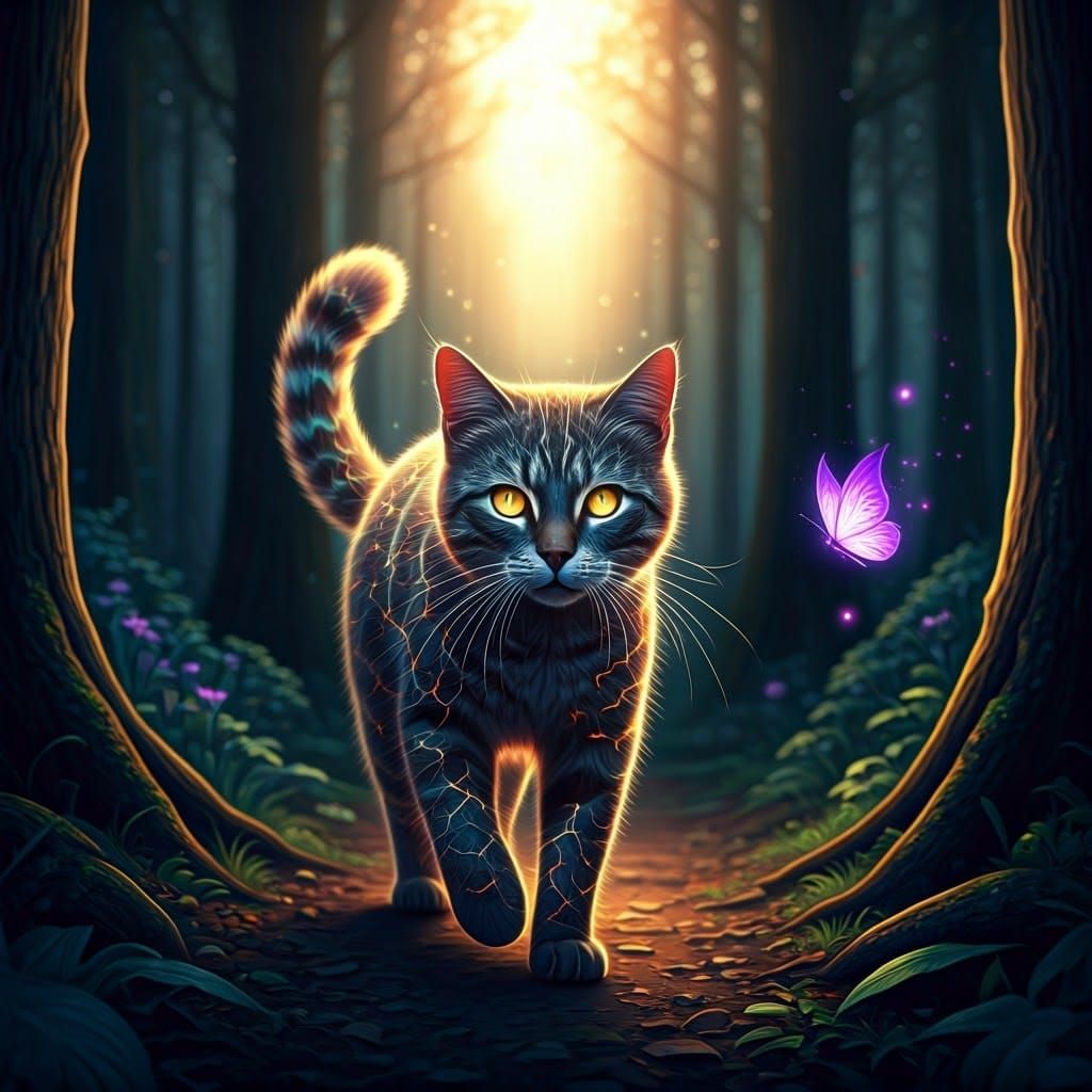 A glowing cat walking. The cat has an electric, crackling fu...