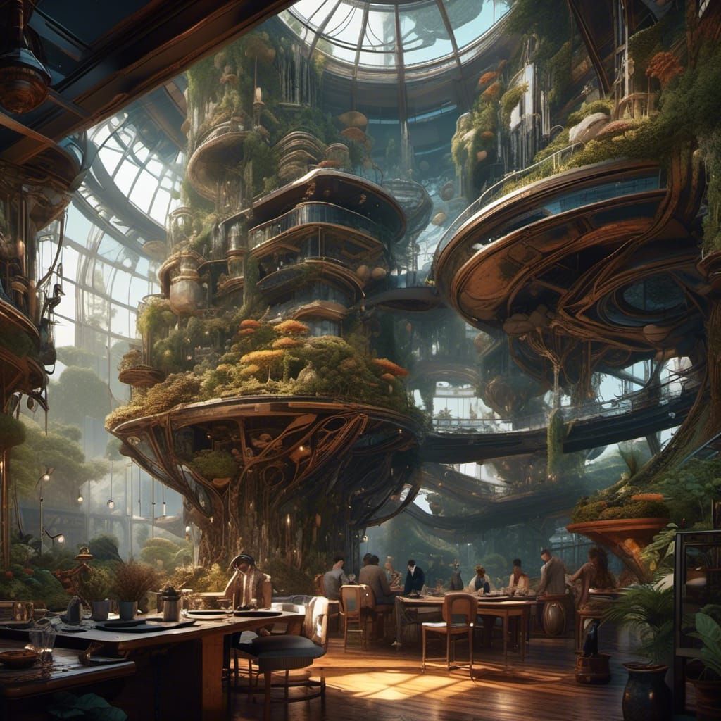 Steampunk Glass Bonsai Village in Digital Art Style