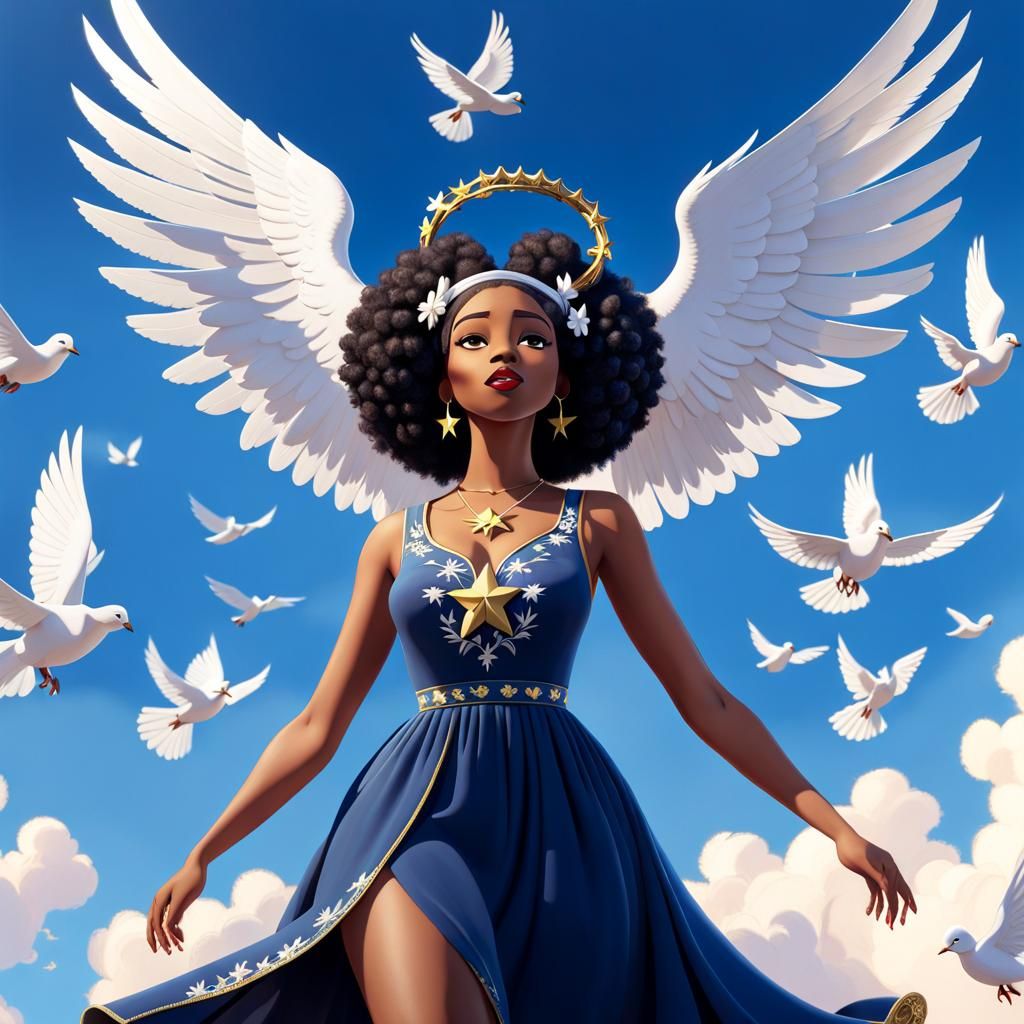 Black Woman with Dove Wings in Pixar Style