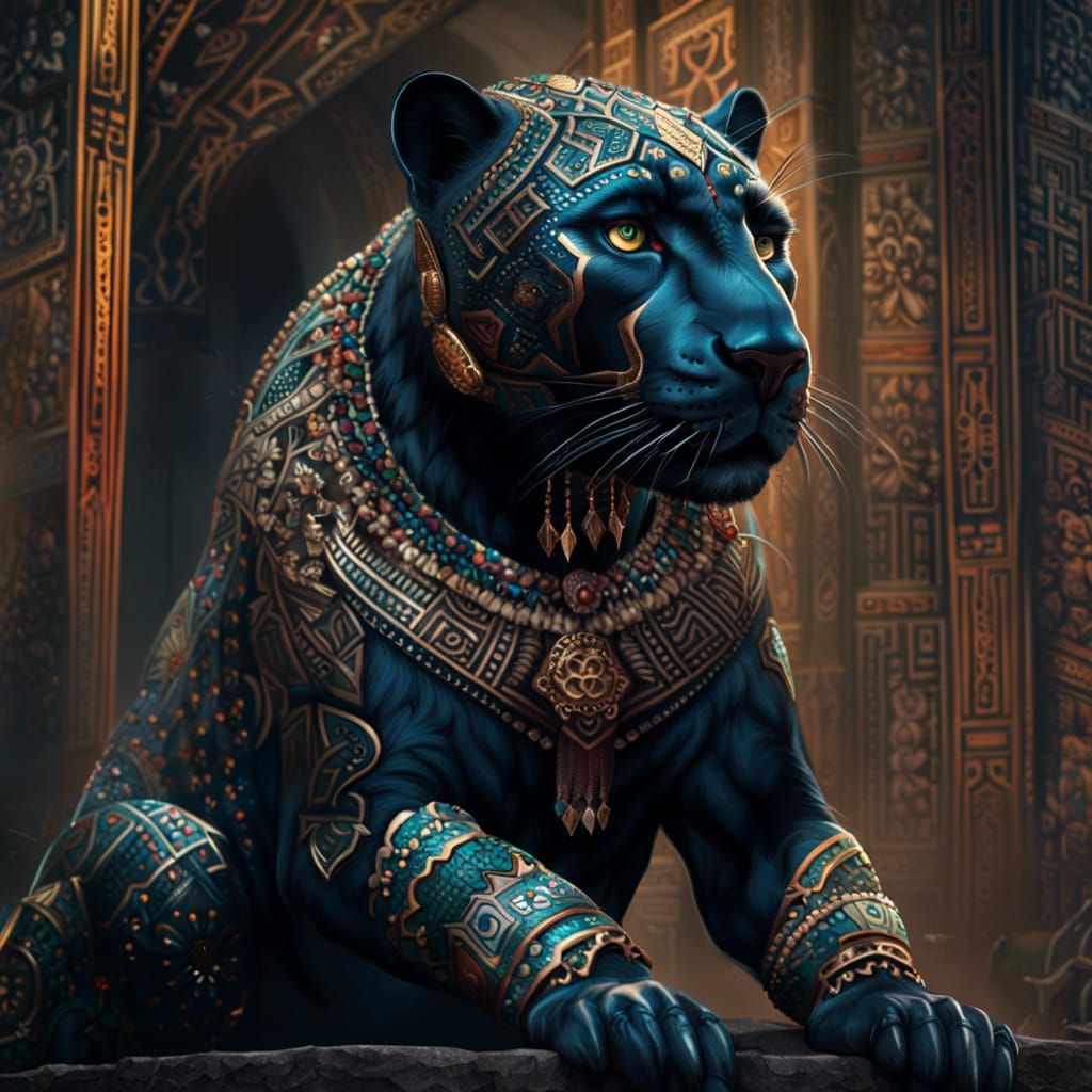 Panther in Mayan Decoration: Digital Matte Painting
