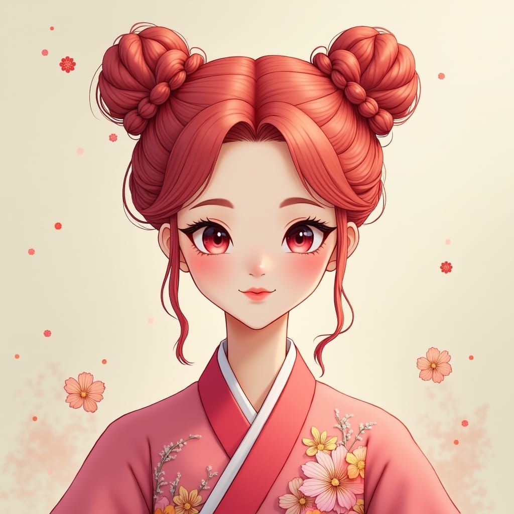 Rosy-Haired Woman in Pink Hanfu, Watercolor Style