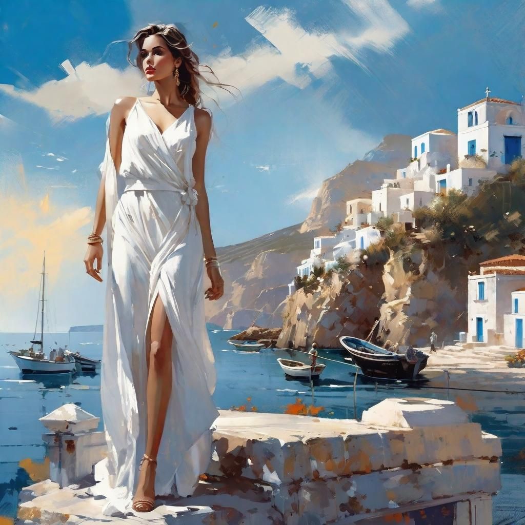 Woman in White Dress in Greek Village Illustration