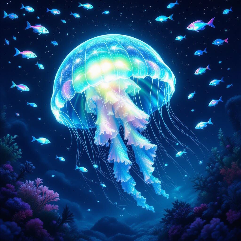 Bioluminescent Jellyfish Dance in Alien Ocean, Surreal Fanta...