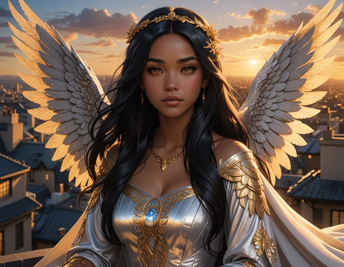 Anime Woman with Wings on Rooftop in Digital Art