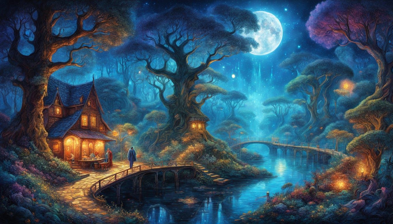 Enchanted Forest Cafe Under Moonlight