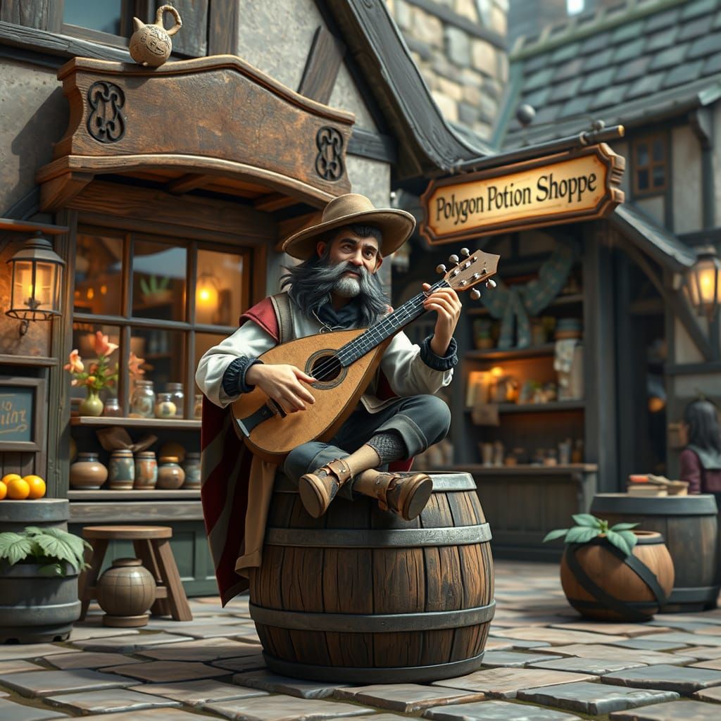 Troubadour in Whimsical Medieval Village, 3D Anime Art