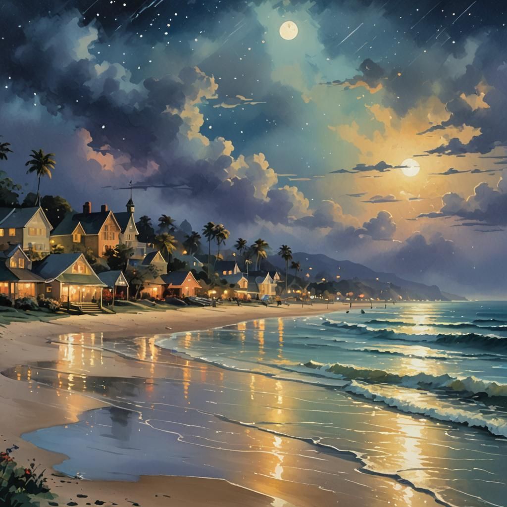 Night Beach Scene Vector Illustration in Gouache Style