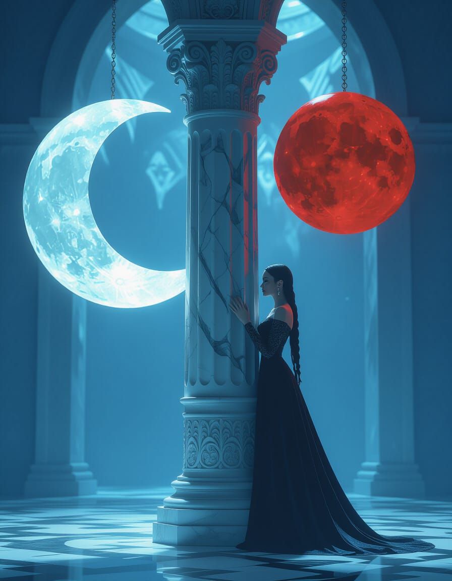 Slavic Woman Between Stone Moons in Dark Fantasy Style