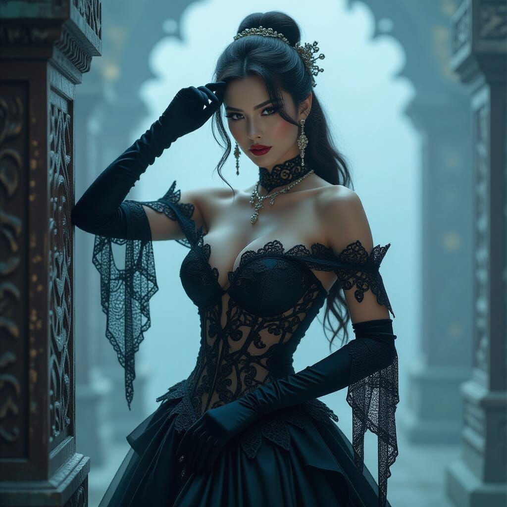 Ornate Femme Fatale in Misty Filigree, Hyperrealistic 3D Art