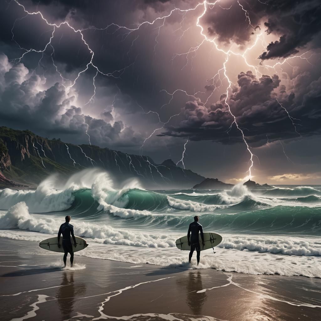 Surfers and Lightning in Detailed Matte Painting