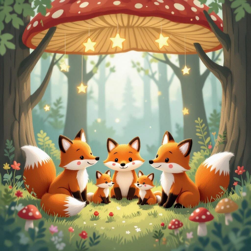 Felted Foxes Under Mushroom Canopy, Flat Cartoon Style
