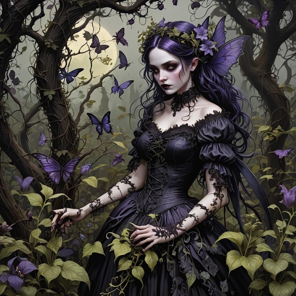 Gothic Fairy Pruning Nightshade in Overgrown Garden
