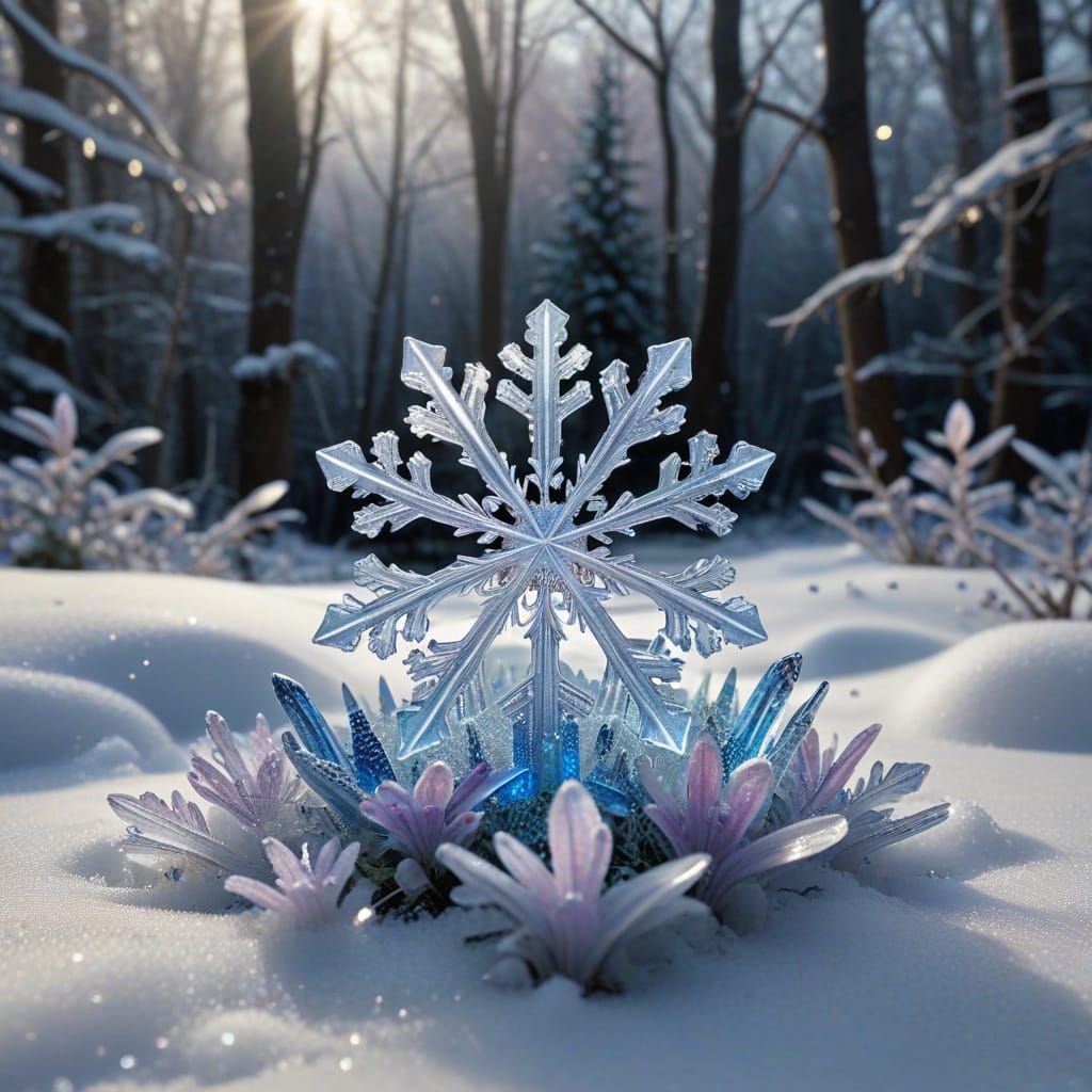 Delicate Glass Snowflake with Rainbow Castle, Hyperrealistic...