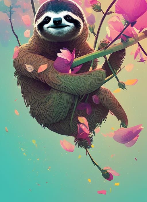 Cute Sloth in Flower Meadow: Digital Illustration