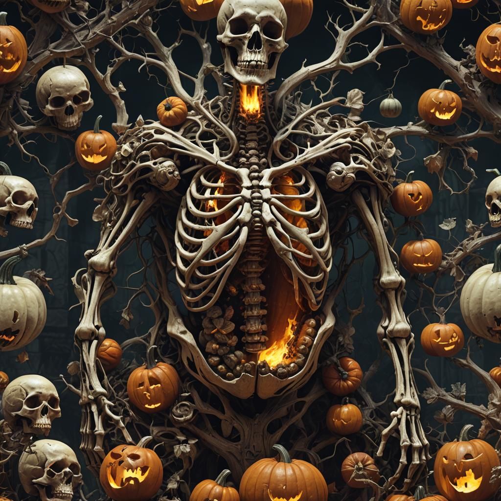 Sinister Pumpkin in Ribcage: Dark Fantasy Art