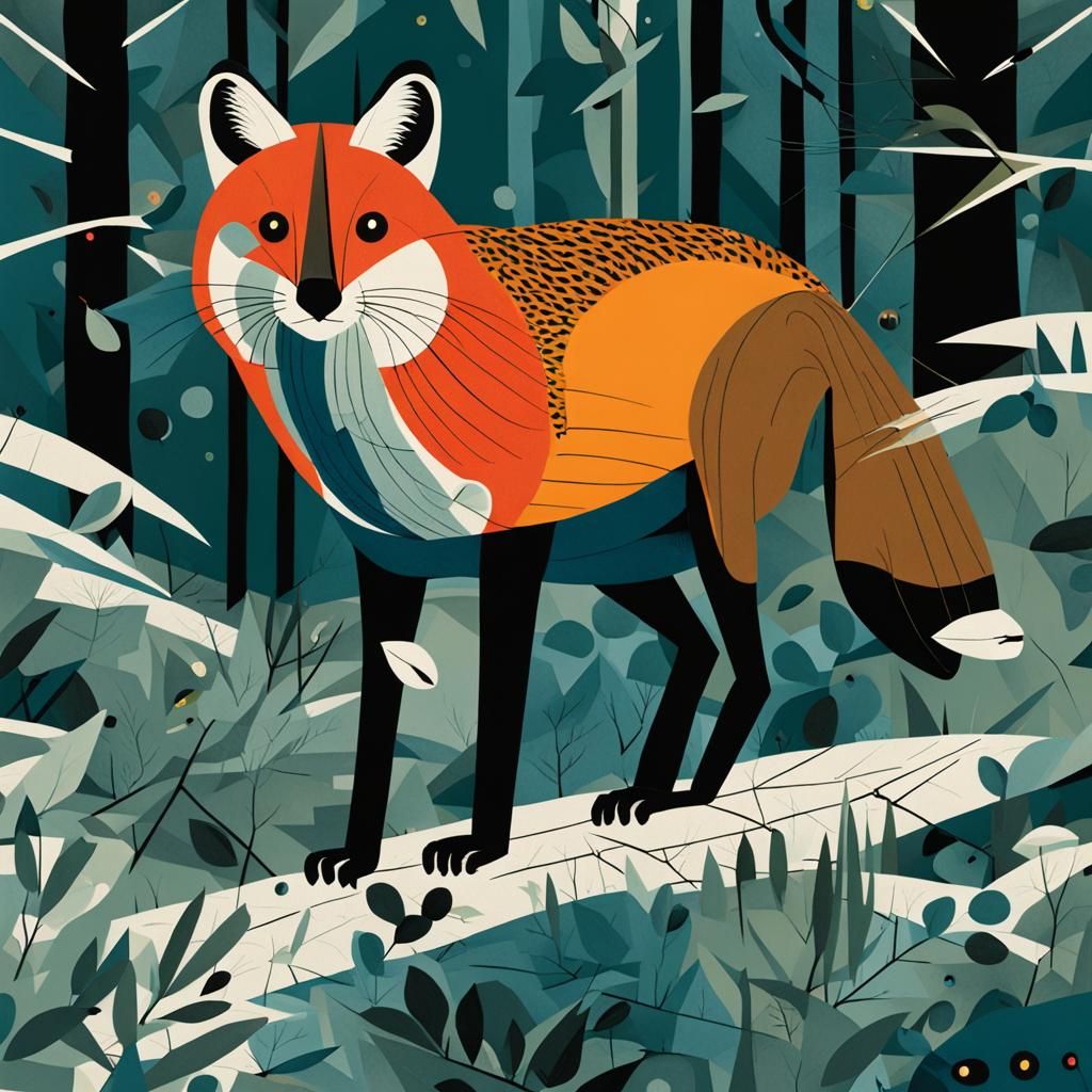 Minimalist Nature Scene in Mid-Century Modern Style