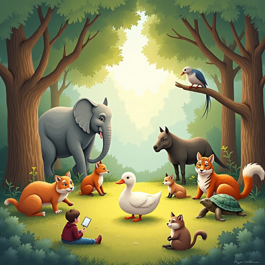 Animals United in Forest Clearing, Dreamlike Illustration