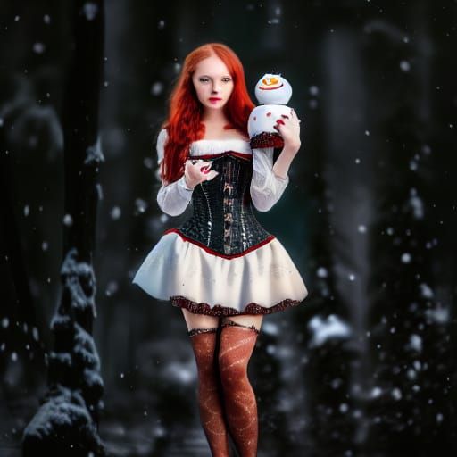 Petite red haired beautiful Russian woman holds a cute snowman plush, corset dress, detailed face and body;Epic cinemati...