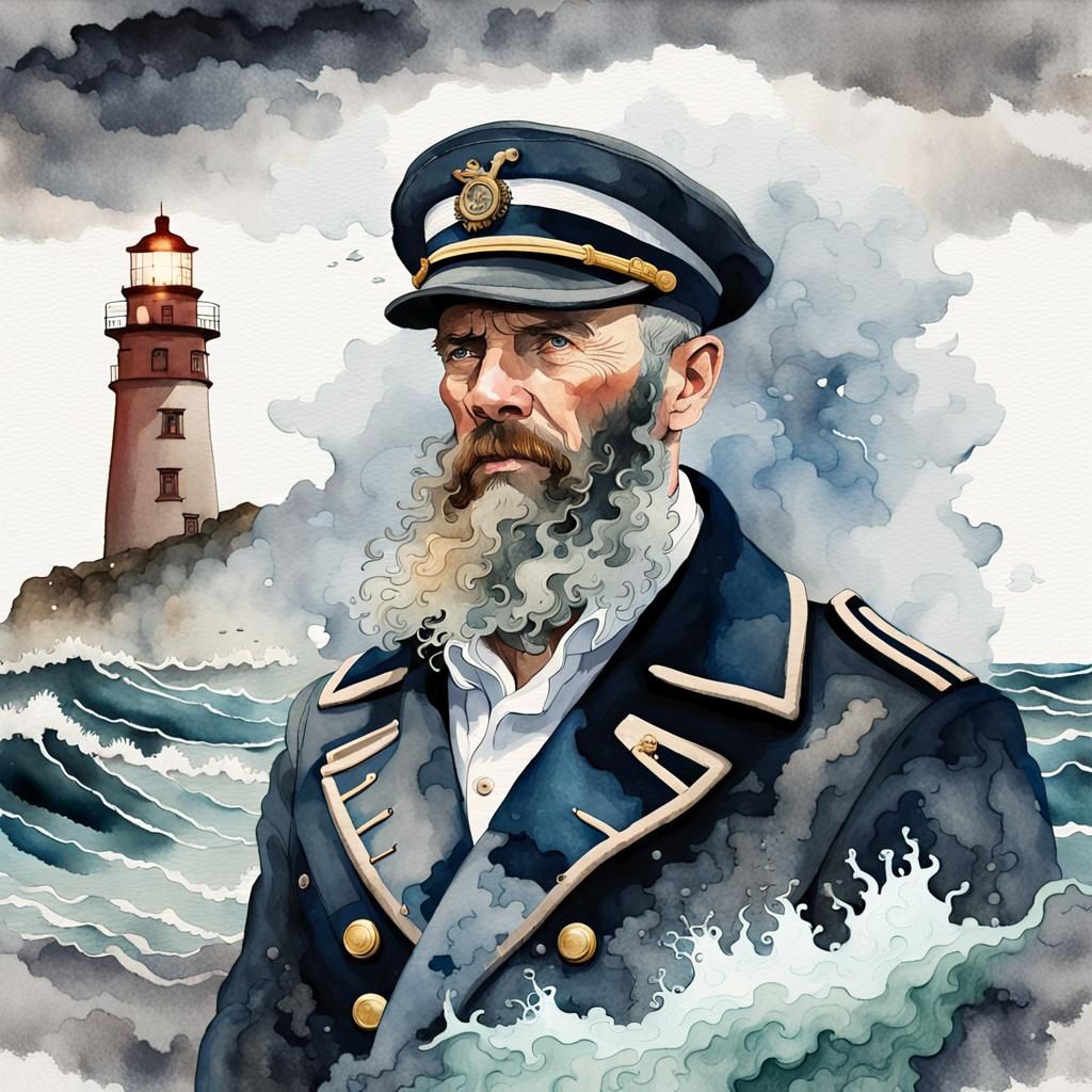 Captain and Stormy Seas in Watercolour