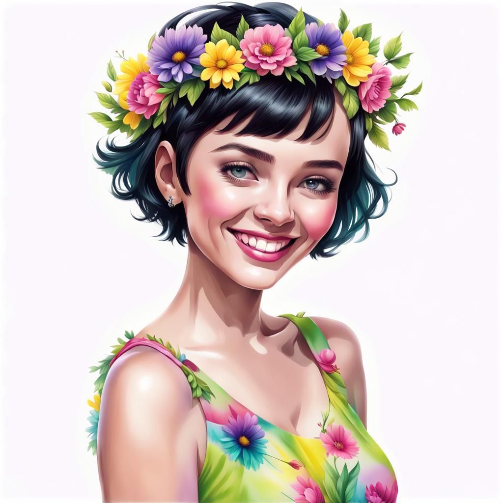 Airbrush Illustration of Woman with Flower Wreath