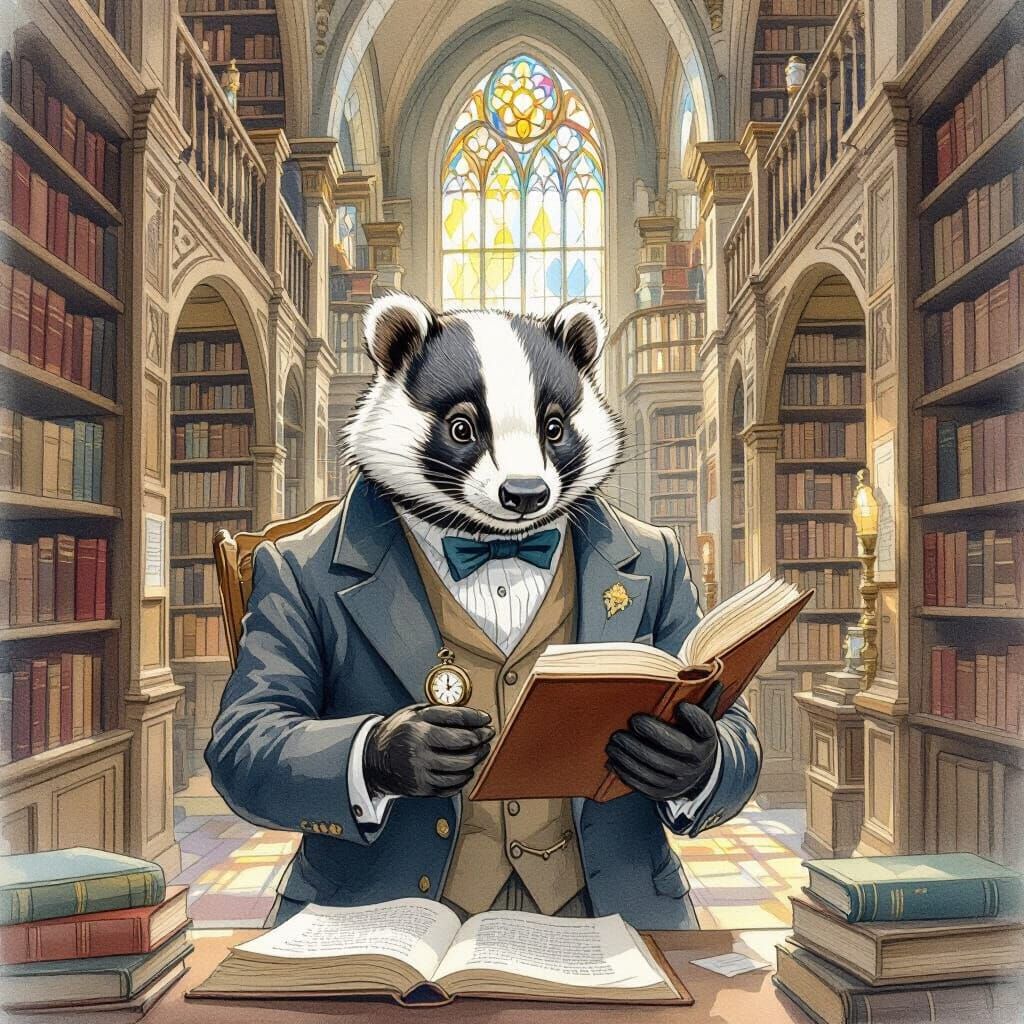 Badger Librarian in Watercolor Style