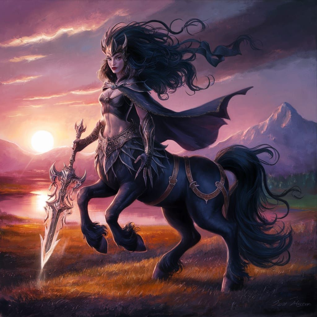 Enchanting Dark Centaur in Sunset Landscape