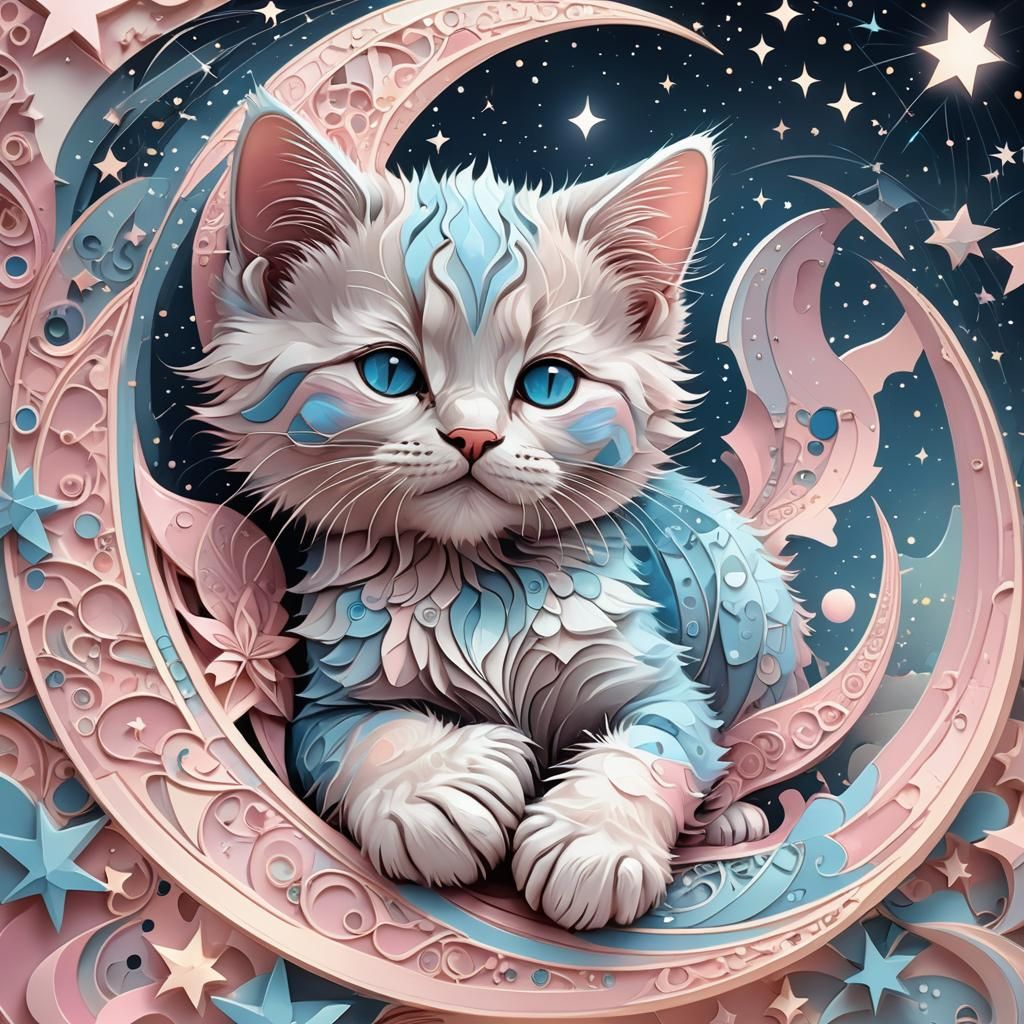 Kitten Sleeping on Moon in Low-Poly 3D Fractal