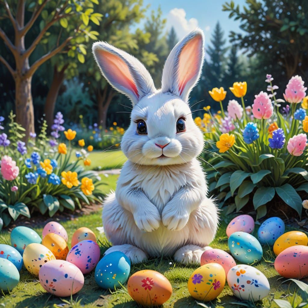 Vibrant Easter Bunny Garden Scene in Impressionist Style
