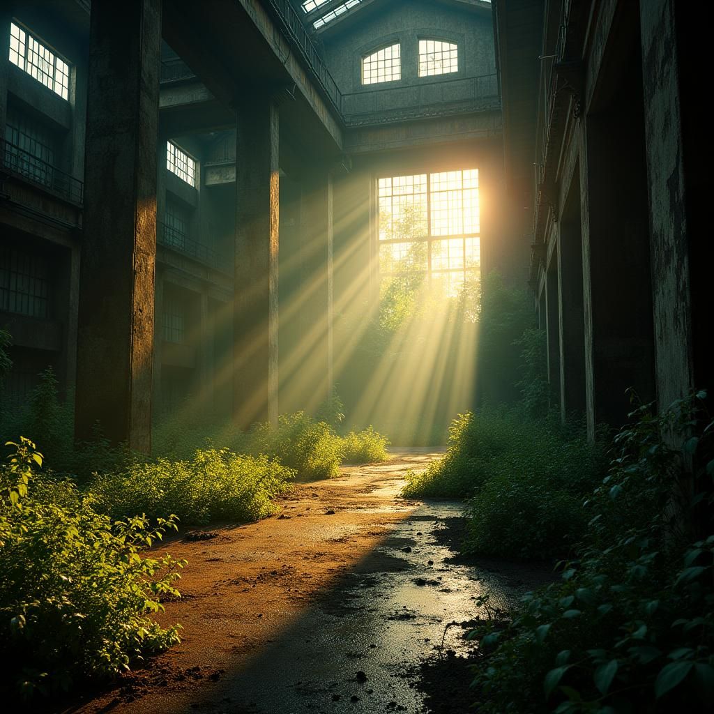 Decaying Factory Interior at Sunset: Cinematic Film Still
