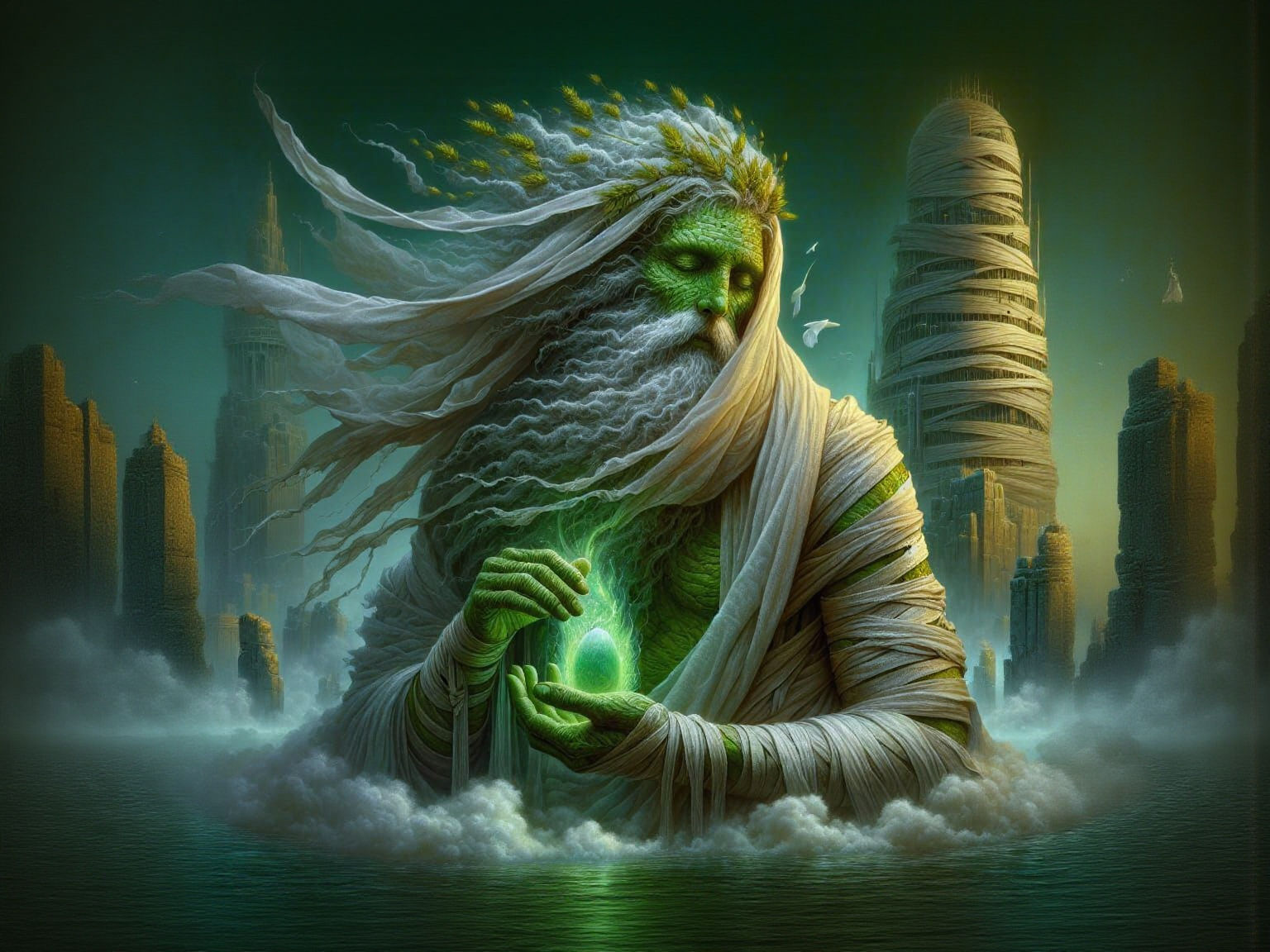 Serene Green Deity in Lost Atlantis