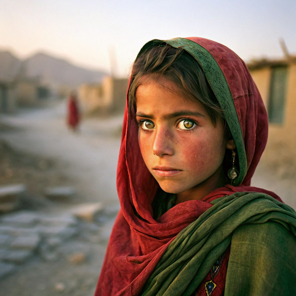 Afghan Girl with Emerald Eyes in Photojournalistic Style