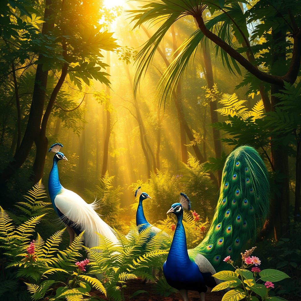 Vibrant Forest Scene with Majestic Peacocks in Emerald and G...