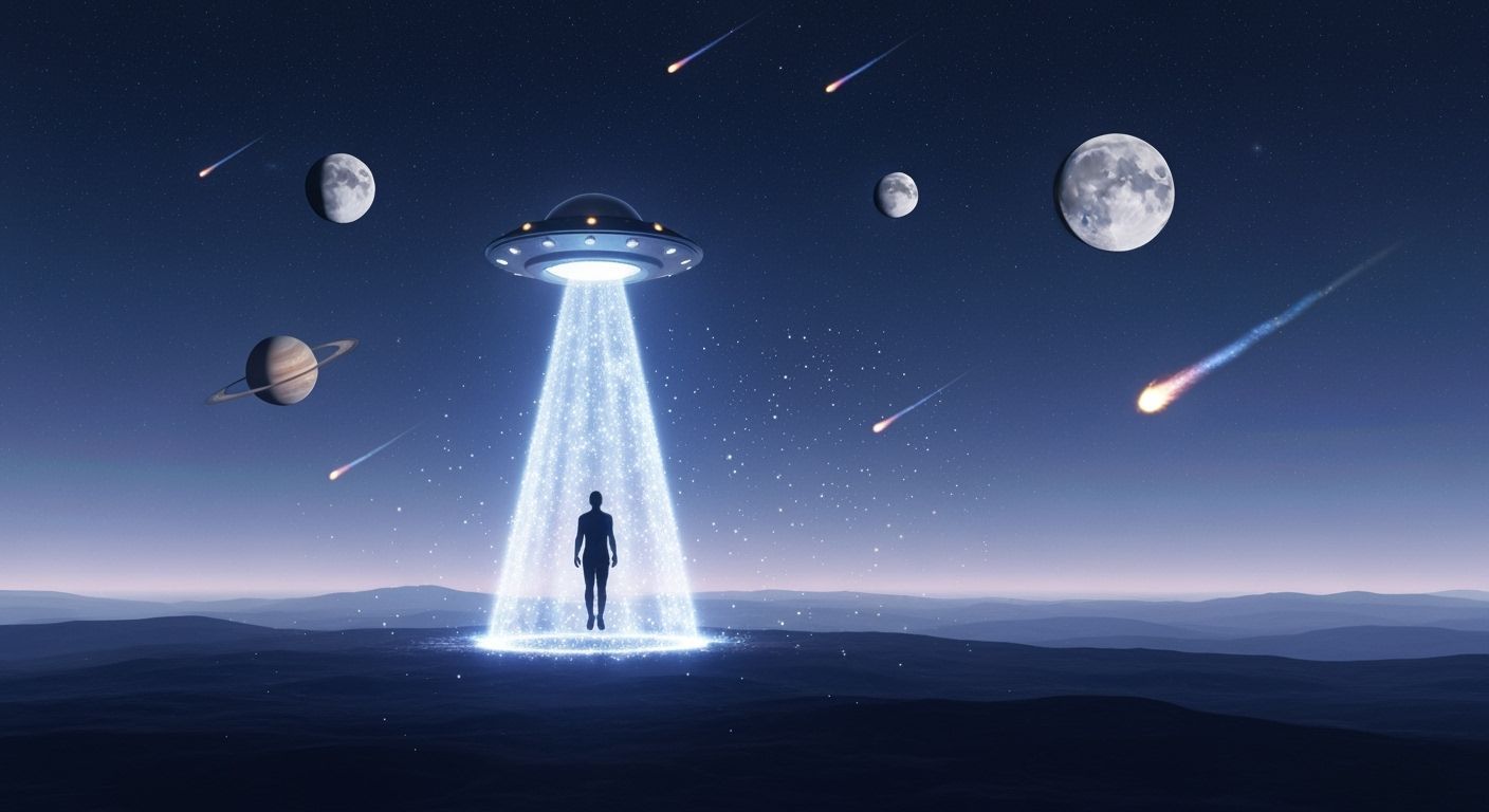Human Beamed to UFO in Starry Cosmic Landscape