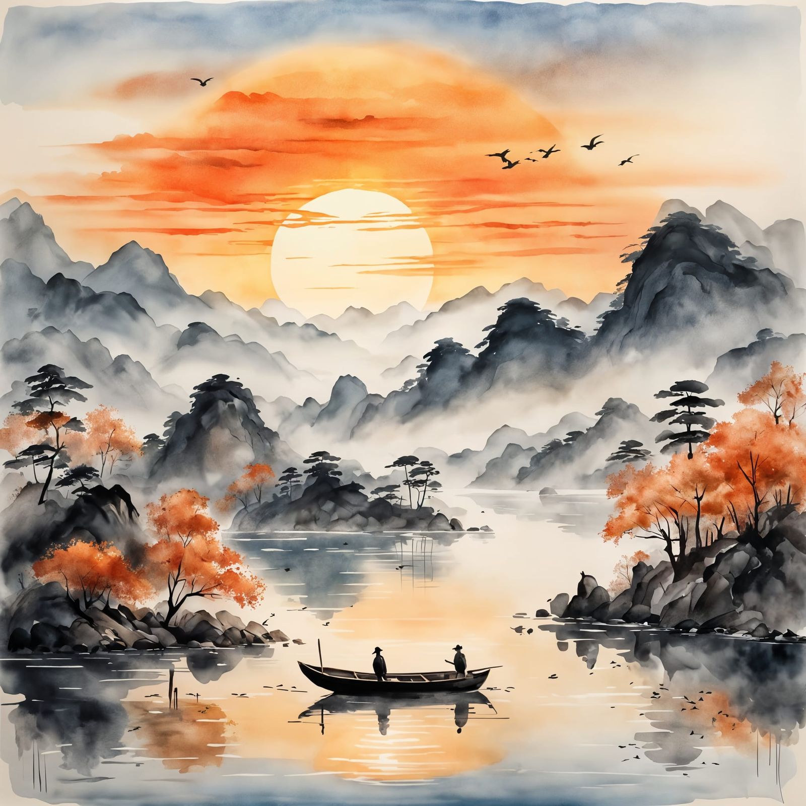 Sunset Lake: Watercolor and Ink Painting
