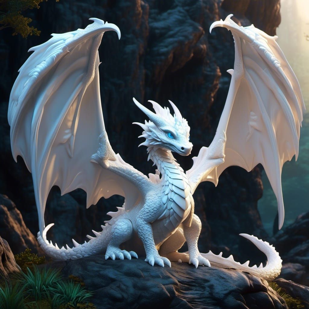 Pearlescent White Dragon Sleeping in Dark Cave