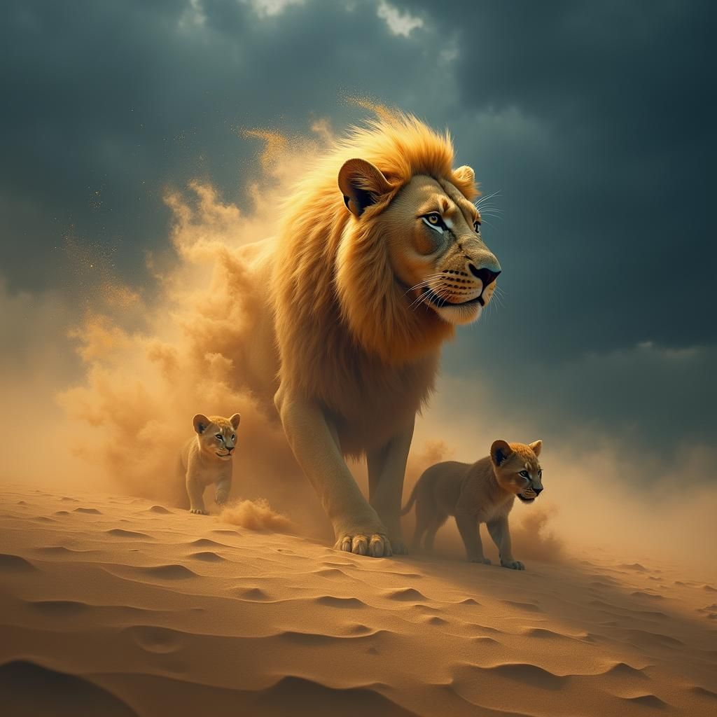 Detailed matte painting. Medium shot. A sandstorm with wind and sand creates fairy tale landscapes, with a lioness made ...
