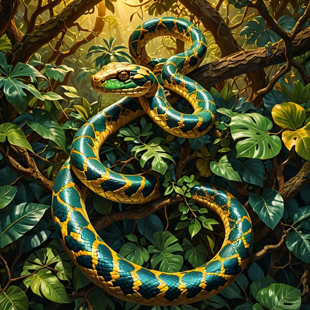 Surreal Snake in Tropical Forest, Dreamlike Digital Art