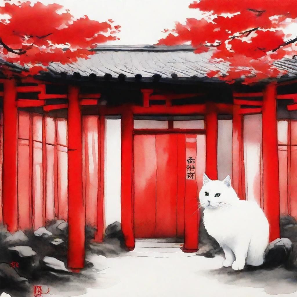 White Cat at Red Gate: Japanese Ink Painting