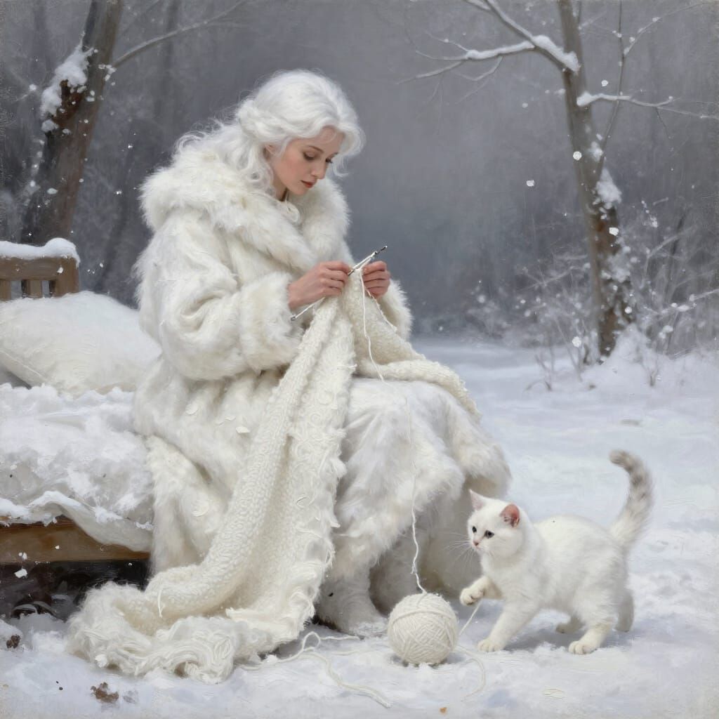 White Witch Knitting by Fireside with Kitten