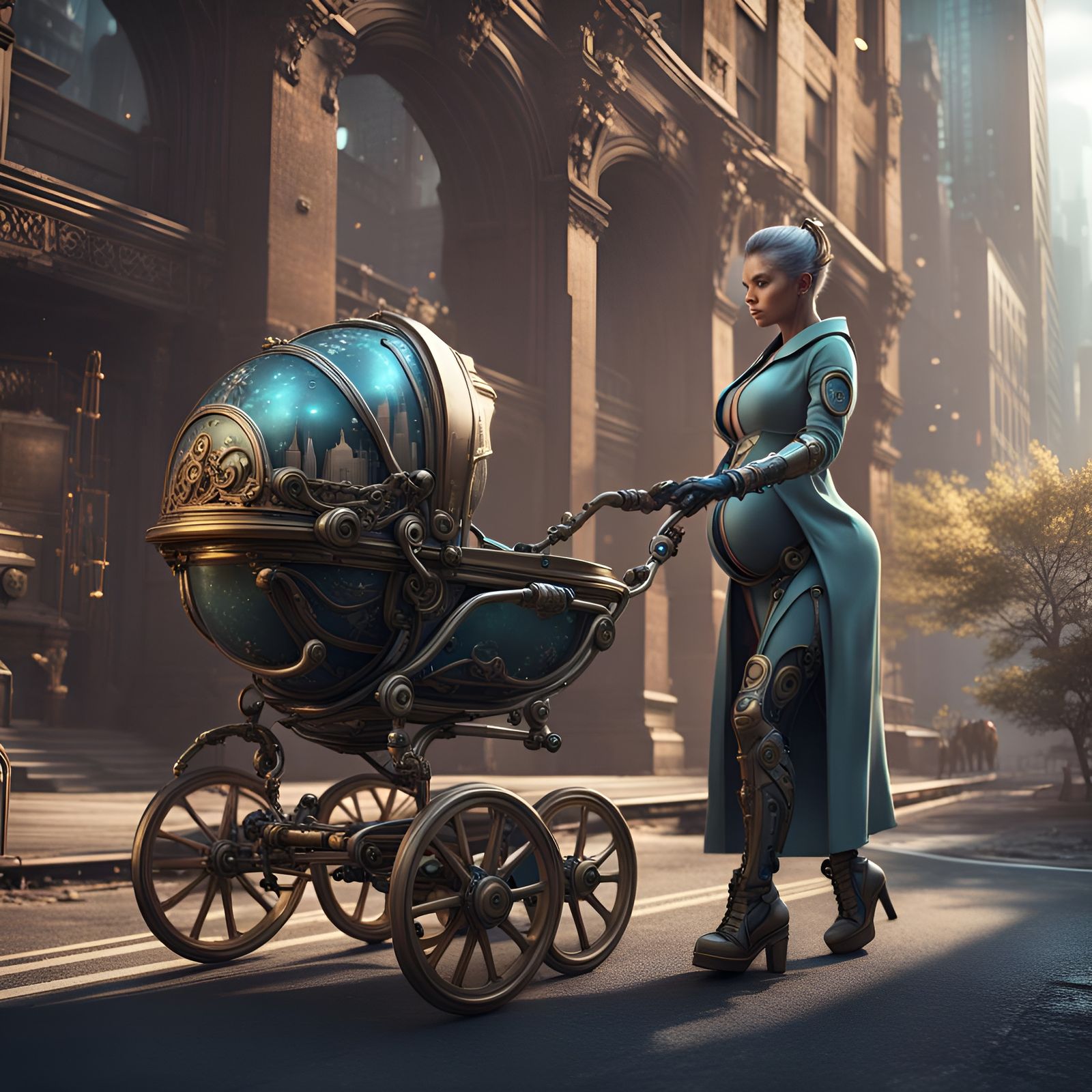 Pregnant Android in Future New York: Matte Painting