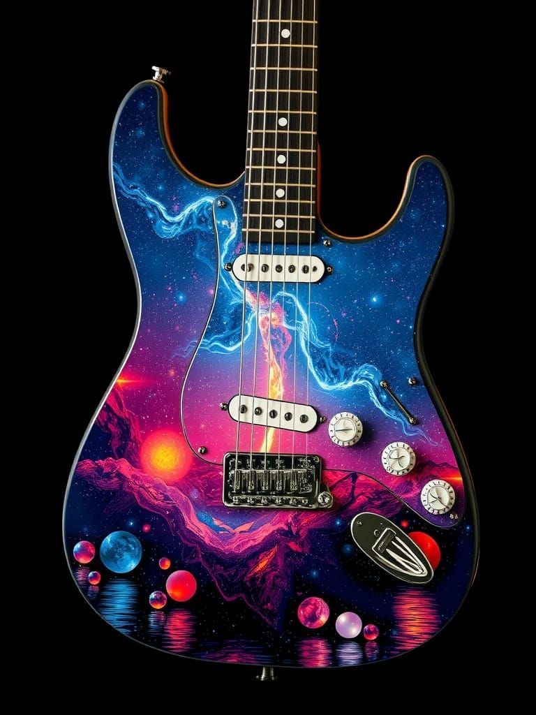 Glass Guitar Double Exposure with Space Scene