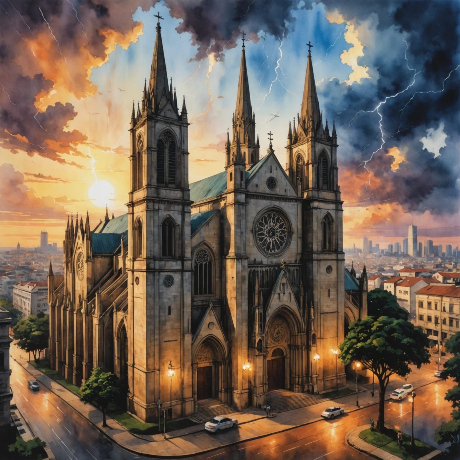 Sao Paulo Cathedral at Sunset, Pristine Watercolor Style