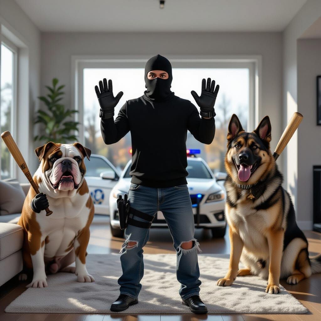 Burglar Surrenders to Anthropomorphic Dogs in Realistic Styl...