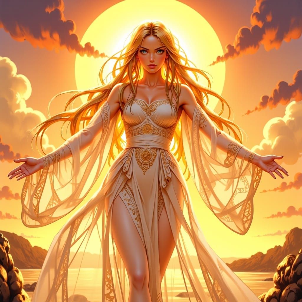 Solar Anime Woman Embraces the Sunrise
