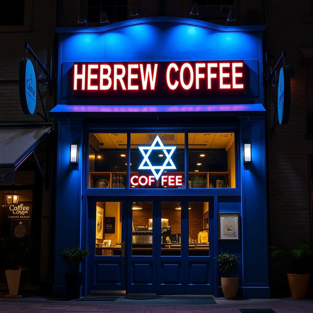 Blue Coffee Shop with Star of David Neon Sign