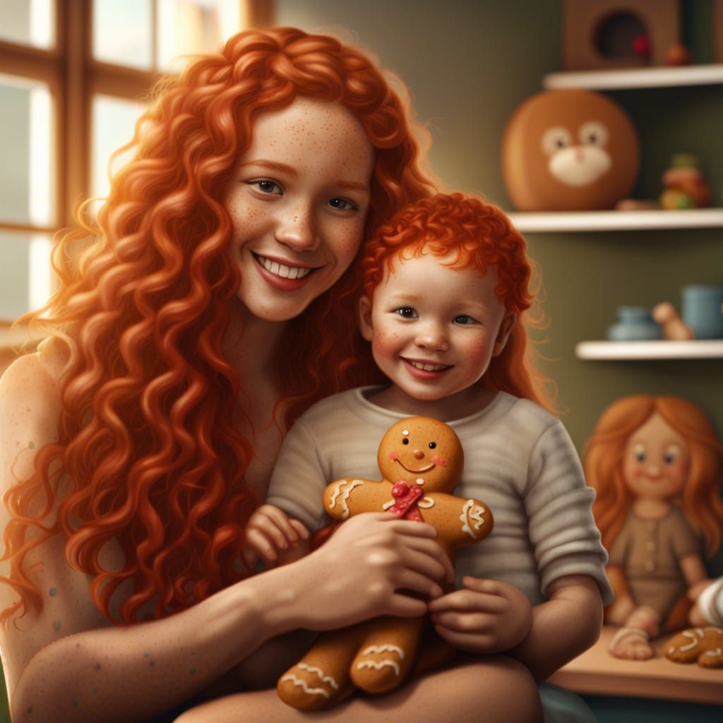 Ginger Haired Woman and Toddler in Gingerbread House